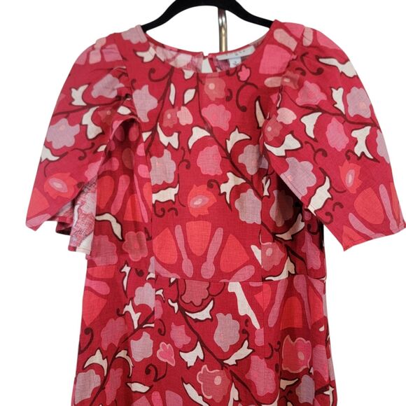 Rhode X Target Dress Womans 10 Red Zinnia Floral Print Midi Ruffle Linen NWT - Picture 3 of 10